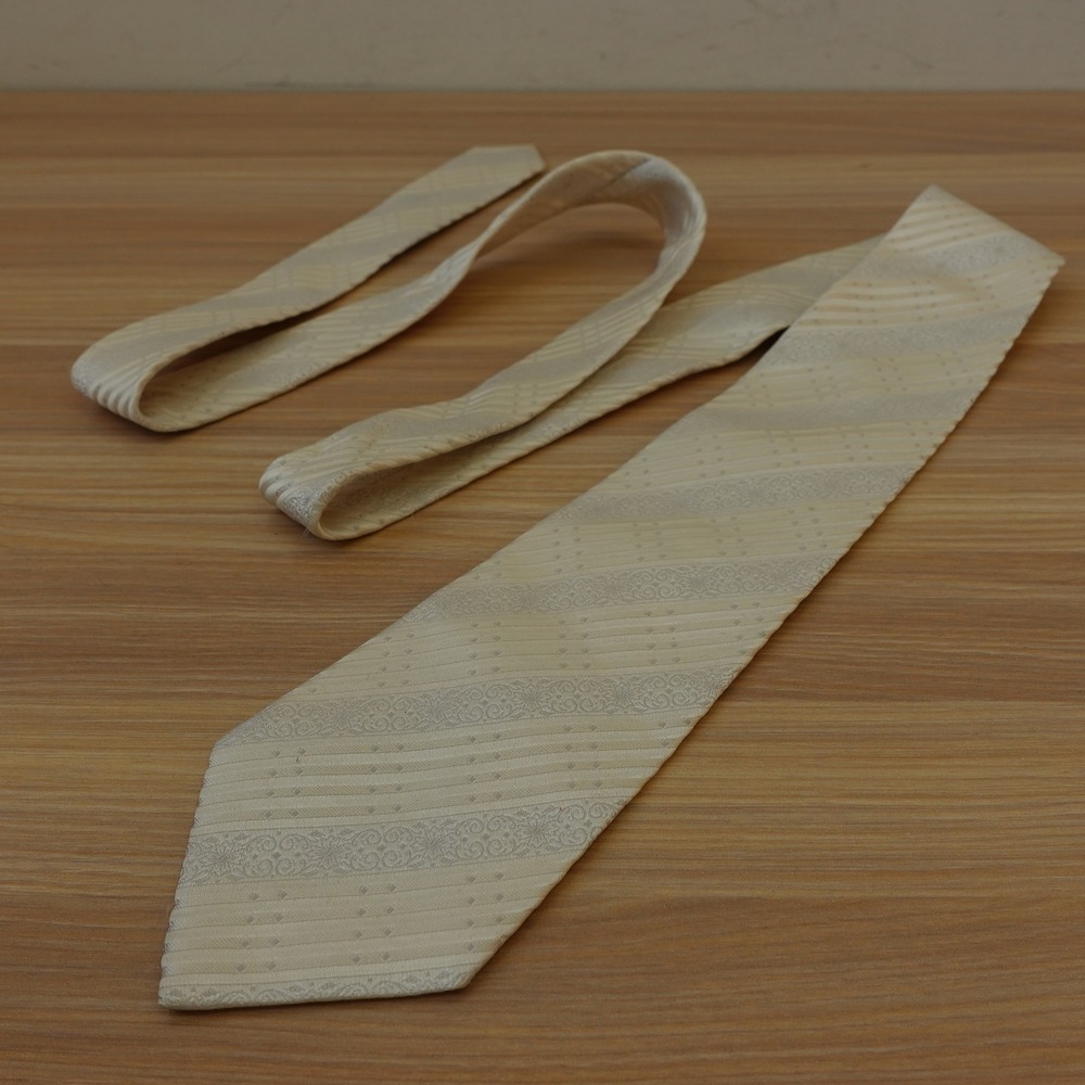 Cream Neck Tie Mens Jacquard Scrollwork Stripe Silk Groom Wedding SOCIAL Japan
